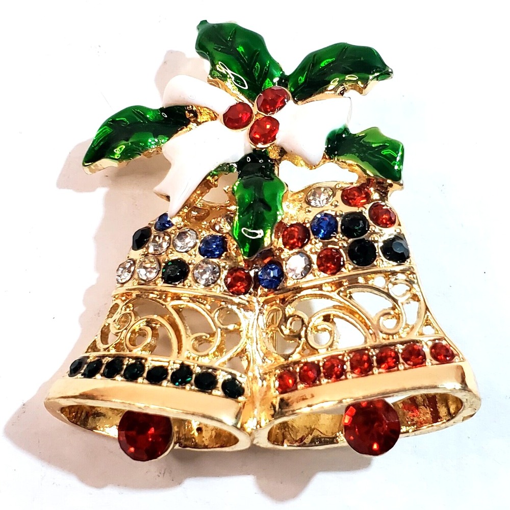 Gold Tone Metal w/ White Green Red Enamel Rhinestones Christmas Bells Brooch Pin